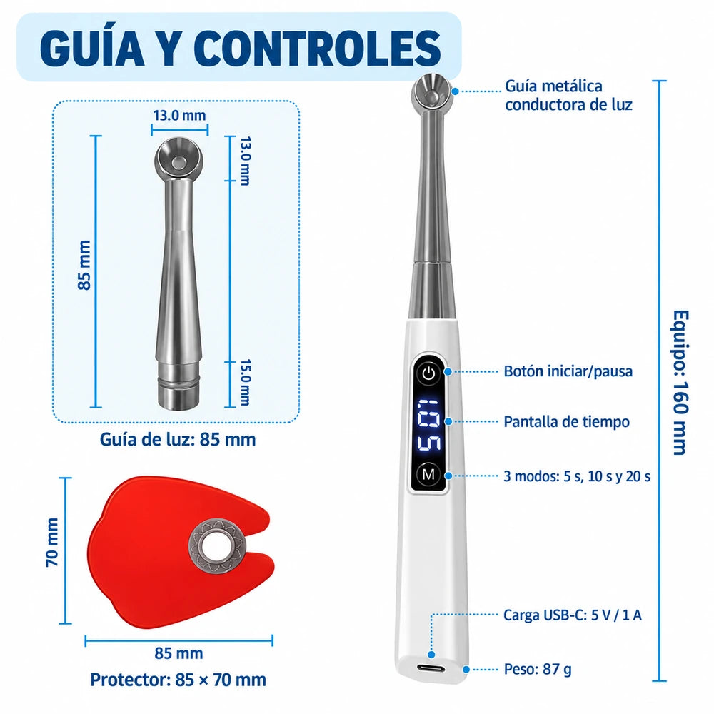 Medidas y controles de la lámpara de fotocurado LED UltraCure DT