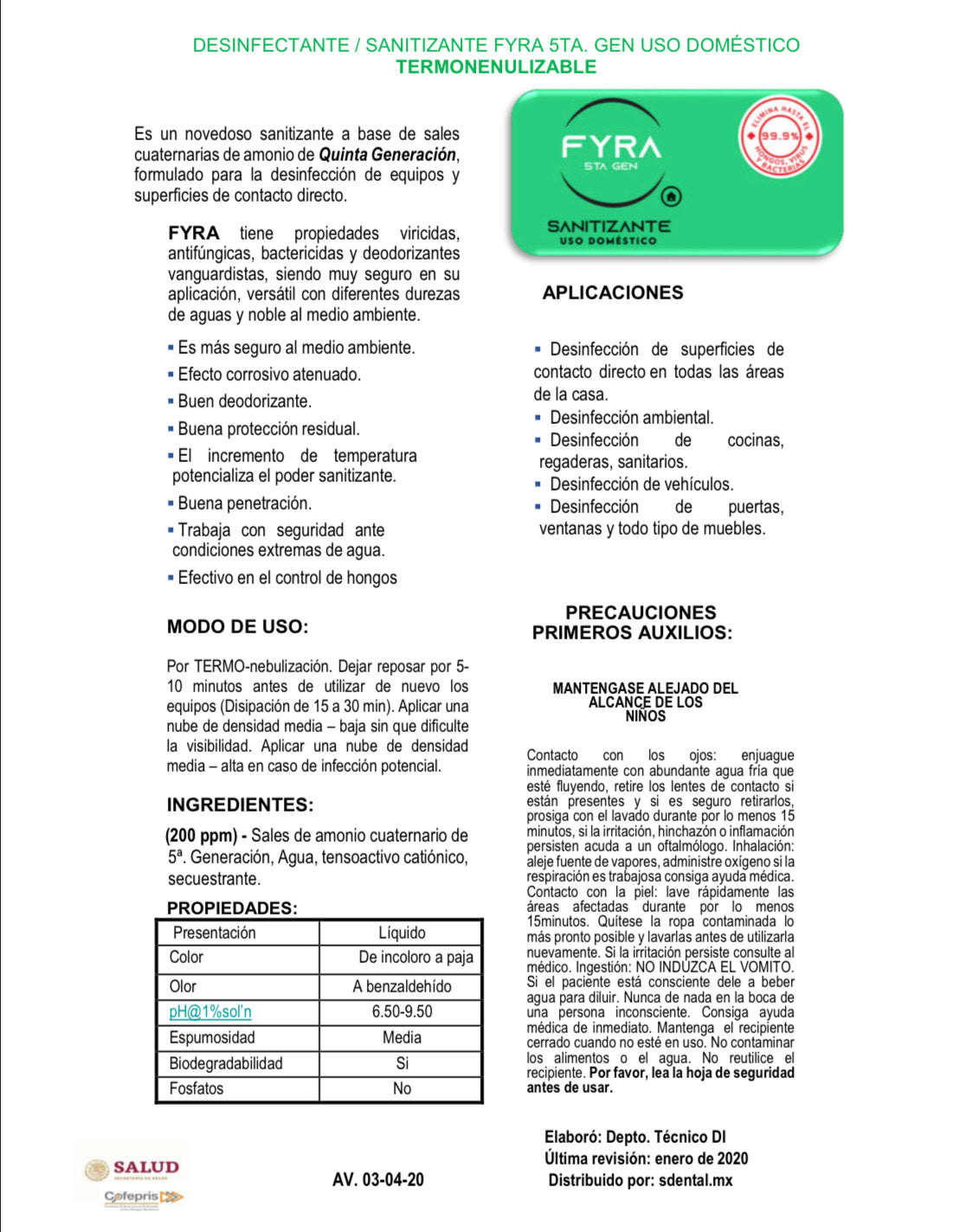 Fyra Termonebulizable Verde 1 Lt - uso general - SDENTAL.MX Deposito Dental